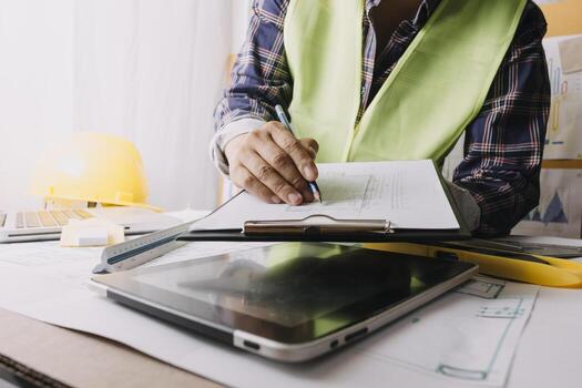 Two colleagues discussing data working and tablet, laptop with on on architectural project at construction site at desk in office photo