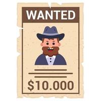 old wild west poster. looking for a criminal. old cowboy in a hat. flat vector illustration.