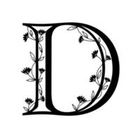 Floral botanical alphabet. Vintage hand drawn letter D. Letter with plants and flowers. Vector lettering isolated on white