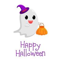 Cute ghost holding basket in the shape of a pumpkin. Happy Halloween. Childish spooky boo character. Great for card, poster, kids room, logo, print, mascot. Isolated flat cartoon vector illustrations