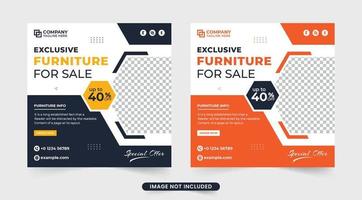 Creative furniture shop advertisement template with black and orange colors. Furniture promotion banner template with discount offer. Furniture sale social media post vector with abstract shapes.