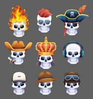 Set of skull heads in various characters. Skulls cartoon illustration vector