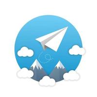 Paper plane flying in sky with cloud and beautiful mountains. - Vector. vector