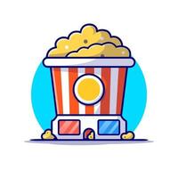 Popcorn And 3D Glasses Cartoon Vector Icon Illustration.  Food Art Icon Concept Isolated Premium Vector. Flat Cartoon  Style