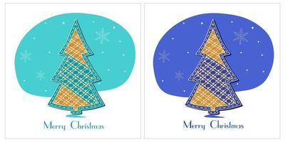 Decorative Christmas tree pattern for greeting card or sticker on turquoise and blue background vector