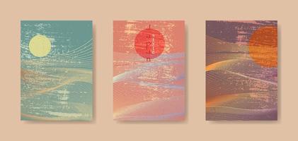 Japanese background retro vintage style set cards line wave pattern vector illustration. Abstract template with geometric pattern. Mountain layout design in oriental style, vertical brochure flyer