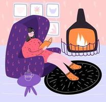 Vector illustration in doodle style with a girl resting and reading a book at home. The concept of Danish hygge, autumn mood craving for coziness and home comfort.
