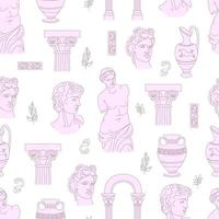 Seamless vintage pattern with antique statues on a pink background. vector