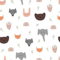 Seamless vector pattern with animal faces in doodle style. Children's pattern for printing on pastel linen and stationery.