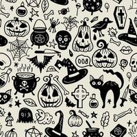 Monochrome seamless pattern of horror Halloween hand drawn doodle elements. Halloween background of magic elements. Pumpkins, ghost, skull, black cat, pot, hat. vector