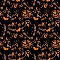 Monochrome seamless pattern of cute cartoon ghosts on black background. Horror Halloween hand drawn doodle background. Cloth Ghosts. Flying Phantoms. Halloween scary ghostly monsters with pumpkins vector
