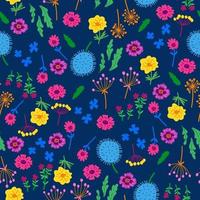 Amazing floral vector seamless pattern of vibrant colorful flowers in a cute vintage style. Beautiful colorful flowers background. Spring primitive texture. Folk style design concept for fashion print