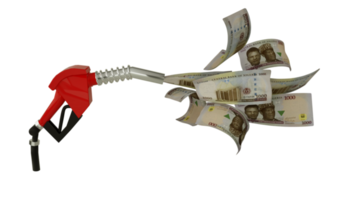 Representación 3D de billetes de naira nigerianos que salen de la bomba de combustible. boquilla de combustible roja con naira volando alrededor png