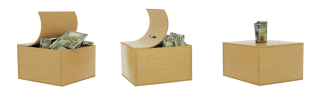 100 US Dollar notes inside a wooden savings box. set of savings concept. Generic Piggy Bank, Penny Bank, Money Box. 3d rendering png