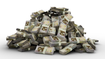 gran montón de 1000 billetes de naira nigerianos mucho dinero sobre fondo transparente. Representación 3D de paquetes de dinero en efectivo png