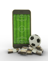 3D-Darstellung eines Mobiltelefons mit Fußballfeld auf dem Bildschirm, Fußball und Stapeln nigerianischer Naira-Noten isoliert auf transparentem Hintergrund. png