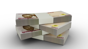 Rendu 3d d'une pile de notes de 1000 nairas nigérians. quelques liasses de monnaie naira isolées sur fond transparent png