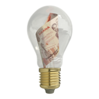 3D-Darstellung der ghanaischen Cedi-Note in transparenter Glühbirne isoliert auf transparentem Hintergrund, kreatives Denken. Geld verdienen durch Problemlösung. Idee Konzept png