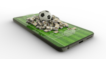 renderização 3D de apostas de futebol para celular. notas de futebol e nigéria naira na tela do telefone. campo de futebol na tela do smartphone isolado em fundo transparente. apostar e ganhar o conceito png