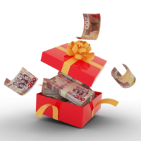 ghanaische Cedi-Noten in einer offenen roten Geschenkbox. ghanaischer Cedi drinnen und um eine Geschenkbox herumfliegen. 3D-Rendering von Geld innerhalb der Box isoliert auf transparentem Hintergrund png