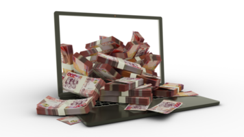 3D rendering of Ghanaian cedi notes coming out of a Laptop monitor isolated on transparent background. stacks of Ghanaian cedi notes inside a laptop. money from computer, money from laptop png