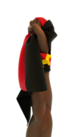 Hand fist holding Angolan flag. Hand lifted and grabbing flag isolated on transparent background. 3d rendering of Flag wrapped around fist png