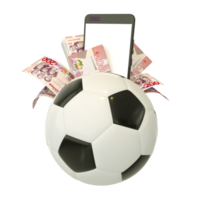 renderização 3D de notas cedi ganenses atrás da bola de futebol. apostas esportivas, conceito de apostas de futebol isolado em fundo transparente png