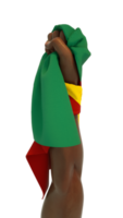 Fisted hand holding Benin flag. Hand lifted and grabbing flag isolated on transparent background. 3d rendering of Flag wrapped around fist png