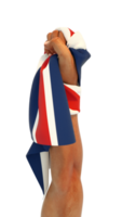 punho de mão segurando a bandeira britânica. mão levantada e agarrando a bandeira isolada em fundo transparente. renderização 3D da bandeira enrolada no punho png