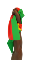 punho de mão segurando a bandeira burkinabe. mão levantada e agarrando a bandeira isolada em fundo transparente. renderização 3D da bandeira enrolada no punho png