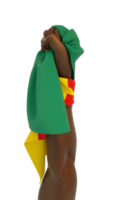punho de mão segurando a bandeira camaronesa. mão levantada e agarrando a bandeira isolada em fundo transparente. 3d rendição da bandeira enrolada no punho png