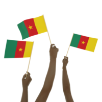 Black hand holding Cameroonian flag, Hand lifting flag, Hand raising flag, 3d rendering of set of hands holding flag isolated on transparent background png