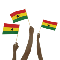 Black hand holding Ghanaian flag, Hand lifting flag, Hand raising flag, 3d rendering of set of hands holding flag isolated on transparent background png