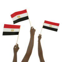 Black hand holding Egyptian flag, Hand lifting flag, Hand raising flag, 3d rendering of set of hands holding flag isolated on transparent background png