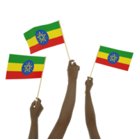 Black hand holding Ethiopian flag, Hand lifting flag, Hand raising flag, 3d rendering of set of hands holding flag isolated on transparent background png