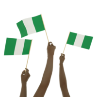 mano negra que sostiene la bandera nigeriana, bandera que levanta la mano, bandera que levanta la mano, representación 3d de un par de manos que sostienen la bandera aislada en un fondo transparente png