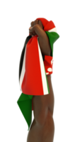 hand näve innehav kenyan flagga. hand lyft och gripa tag i flagga isolerat på transparent bakgrund. 3d tolkning av flagga insvept runt om näve png