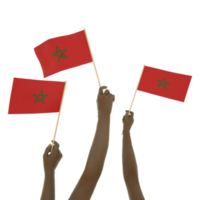 main noire tenant le drapeau marocain, drapeau de levage de main, drapeau de levage de main, rendu 3d de l'ensemble des mains tenant le drapeau isolé sur fond transparent png