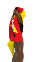 puño de mano sosteniendo la bandera mozambiqueña. mano levantada y agarrando la bandera aislada en un fondo transparente. representación 3d de la bandera envuelta alrededor del puño png