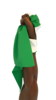 mano en puño sosteniendo la bandera nigeriana. mano levantada y agarrando la bandera aislada en un fondo transparente. representación 3d de la bandera envuelta alrededor del puño png