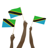 mano negra sosteniendo la bandera de tanzania, levantando la bandera de la mano, levantando la bandera de la mano, representación 3d de un par de manos sosteniendo la bandera aislada en un fondo transparente png