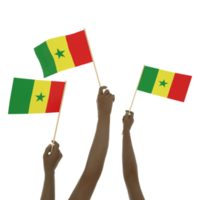 mano negra que sostiene la bandera senegalesa, bandera que levanta la mano, bandera que levanta la mano, representación 3d de un par de manos que sostienen la bandera aislada en un fondo transparente png