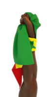 main poing tenant le drapeau sénégalais. drapeau levé à la main et saisissant étroitement isolé sur fond transparent. Rendu 3D du drapeau enroulé autour du poing png