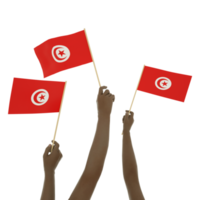 Black hand holding Tunisian flag, Hand lifting flag, Hand raising flag, 3d rendering of set of hands holding flag isolated on transparent background png