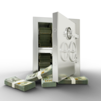 Bundles of US dollars in Steel safe box. 3D rendering of stacks of money inside metallic vault isolated on transparent background, Financial protection concept, financial safety. png