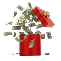 3D rendering of A lot of USA dollar notes coming out of an opened red gift box png