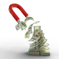 3D rendering of Horseshoe magnet attracting US dollar notes isolated on transparent background. Attracting money concept. Strategy for a successful business png