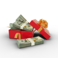 Stack of 100 US Dollar notes inside an open red gift box. Bundles of US Dollars inside a gift box. 3d rendering of money inside box png