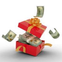 100 US-Dollar-Noten in einer offenen roten Geschenkbox. US-Dollar drinnen und um eine Geschenkbox herumfliegen. 3D-Rendering von Geld innerhalb der Box isoliert auf transparentem Hintergrund png