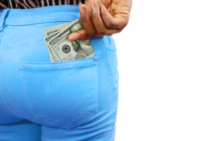 Black lady putting few 100 US Dollar notes into her back pocket. Removing money from pocket, hold money png